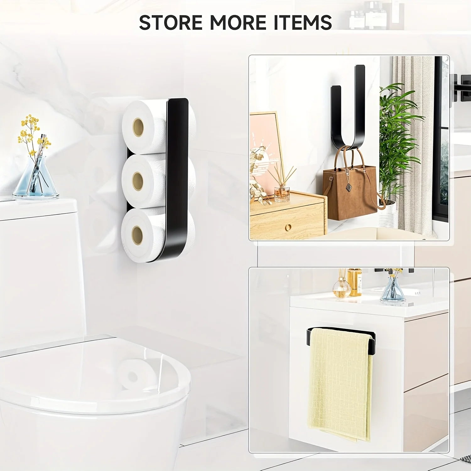 Drill-Free Wall Holder for Three Toilet Paper Rolls