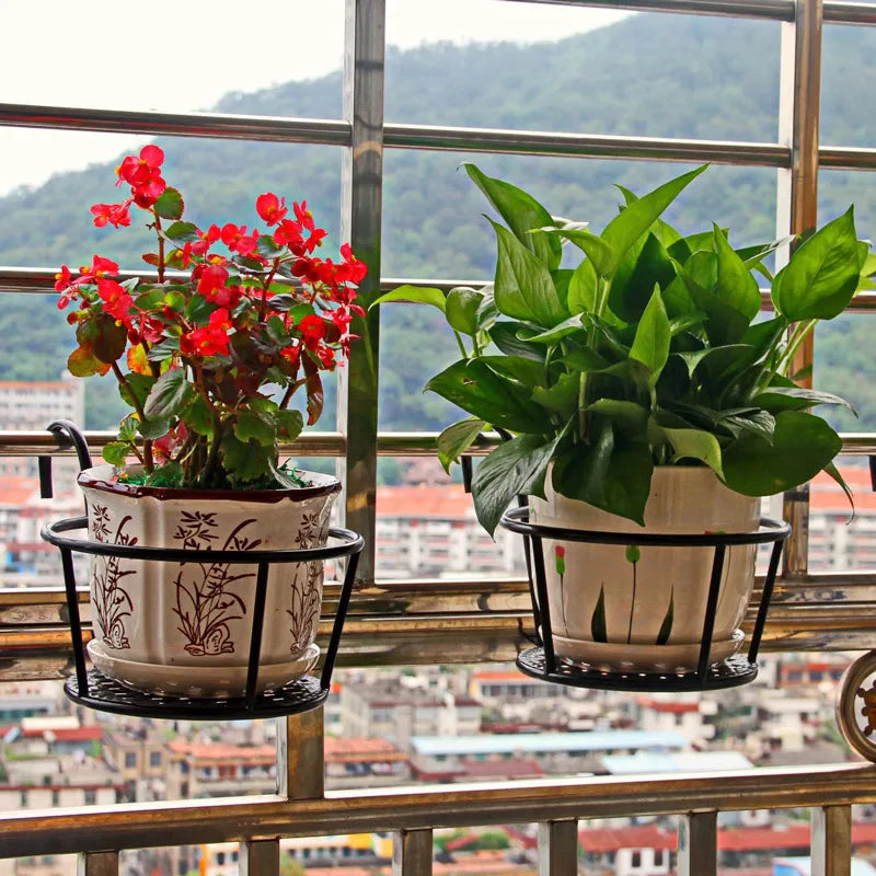 Set of 3 Black Metal Pot Holders with Hooks for Balcony