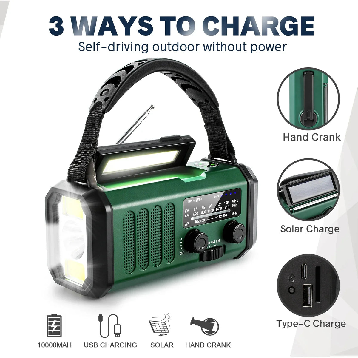 Solar Hand Crank NOAA Weather Radio with SOS Power Bank for Emergencies