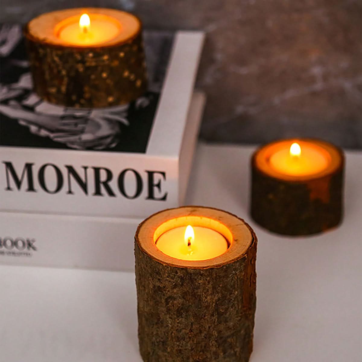Three-Piece Decorative Tea Lamp Set in Wood