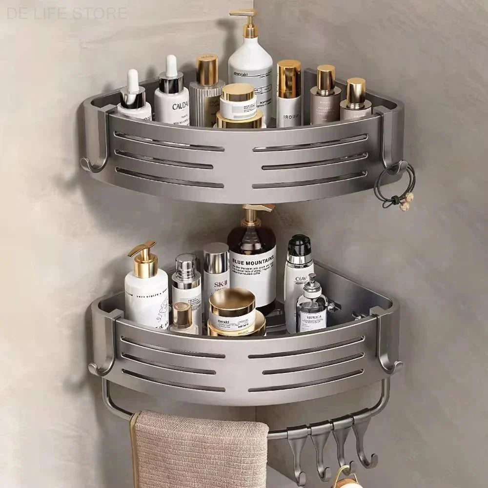 Drill-Free Wall-Mounted 2-Piece Shower Shelf Set with Hooks