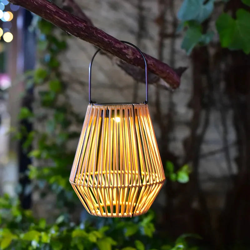 LED Solar Lantern with Rattan Design - Automatic Dusk Sensor