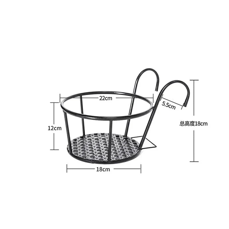 Set of 3 Black Metal Pot Holders with Hooks for Balcony