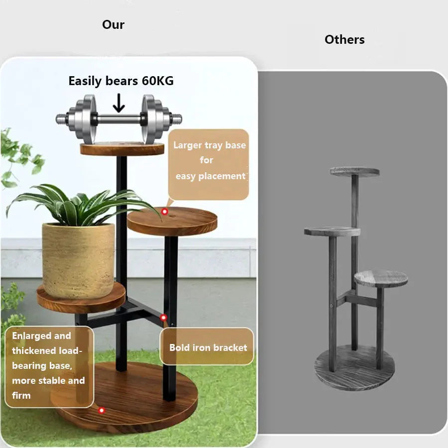 Round Wooden Shelves on Metal Frame – 4-Tier Plant Stand, 3 Colors