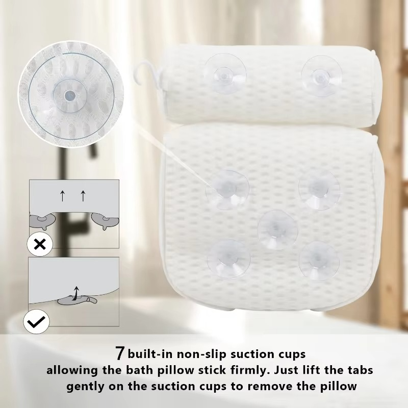 Air Mesh Fabric Bath Pillow with Suction Cups for Tub Comfort