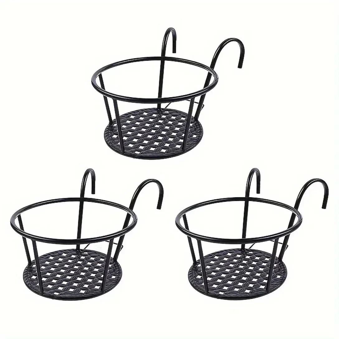 Set of 3 Black Metal Pot Holders with Hooks for Balcony