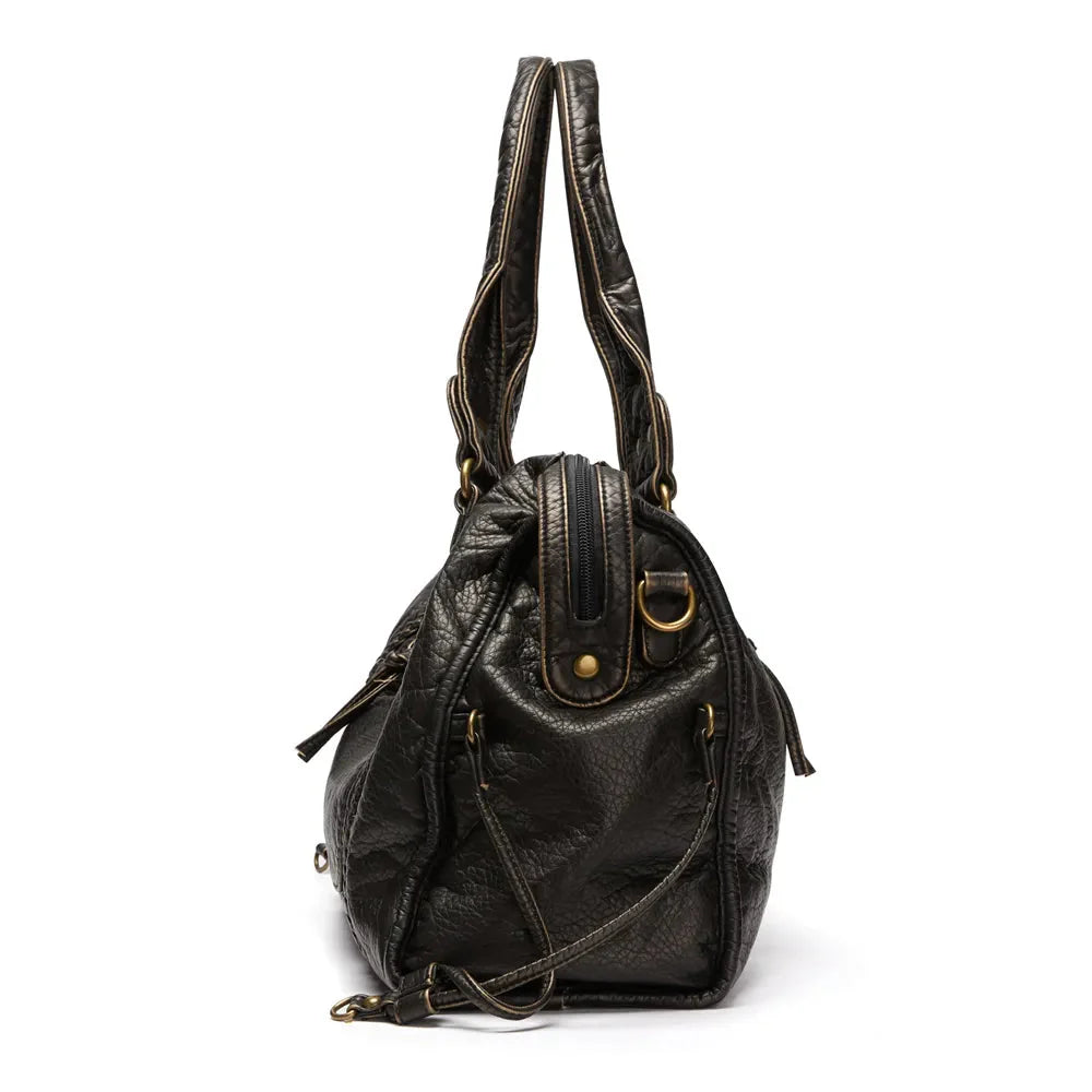 Vintage Washed Black PU Leather Tote Bag with Gold Accents
