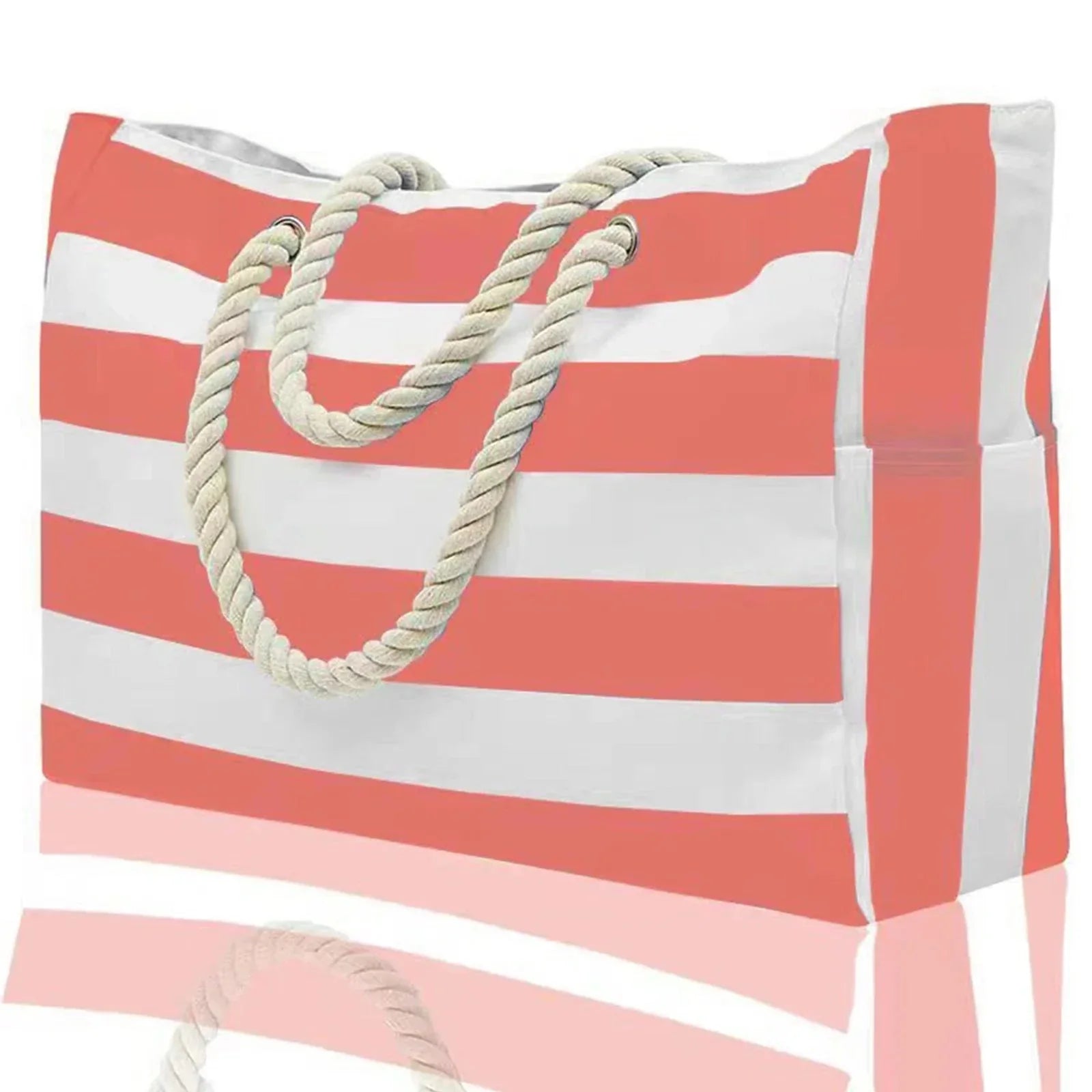 Zippered Canvas Tote Bag with Stripes for Beach Use