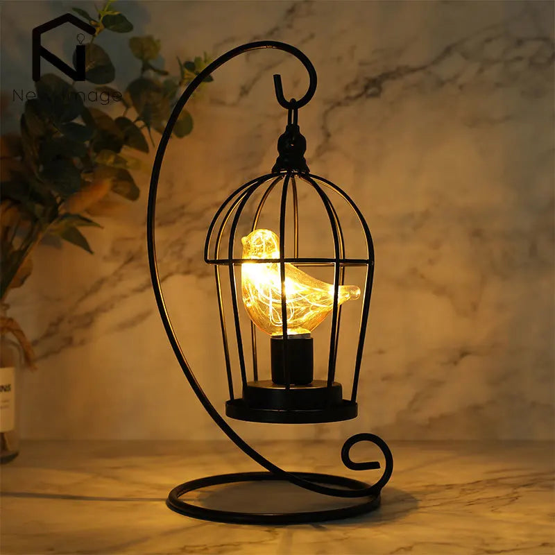 Table Lamp with Metal Birdcage Design and Bird Accent – Warm White Fairy Light