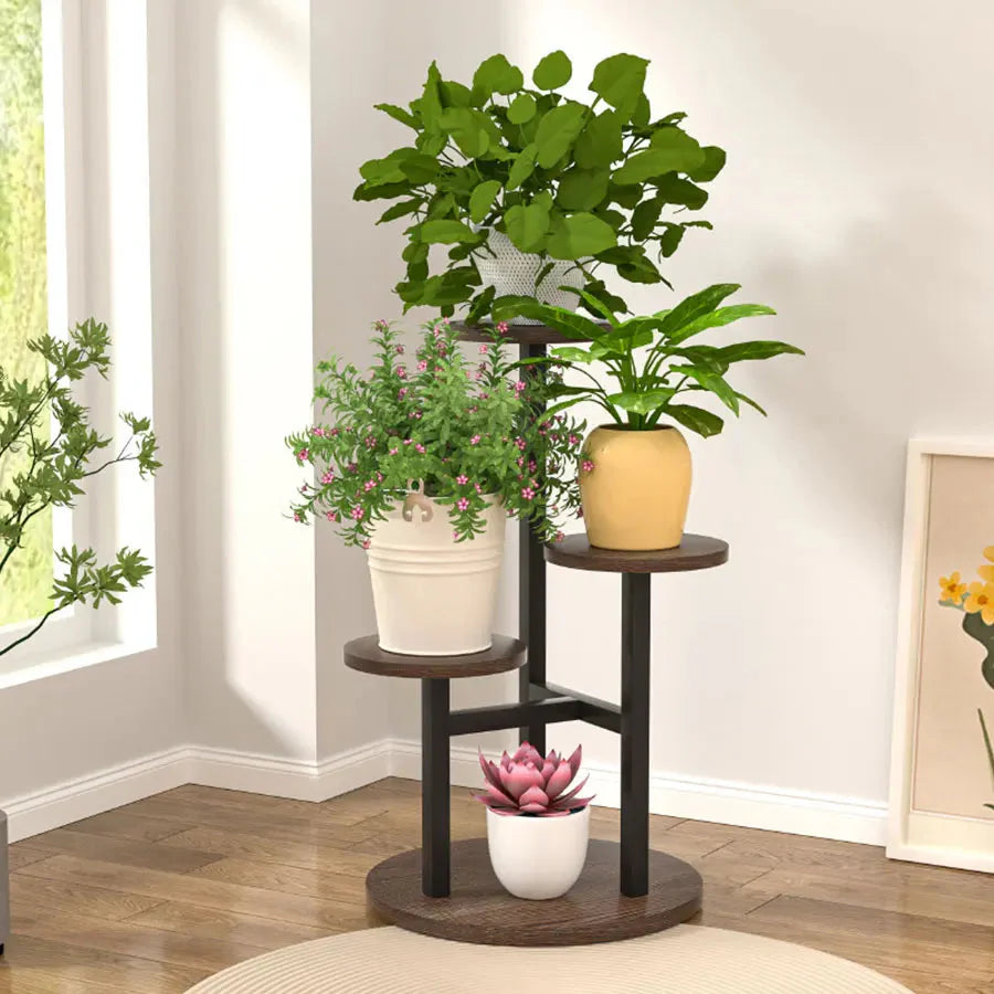 Round Wooden Shelves on Metal Frame – 4-Tier Plant Stand, 3 Colors