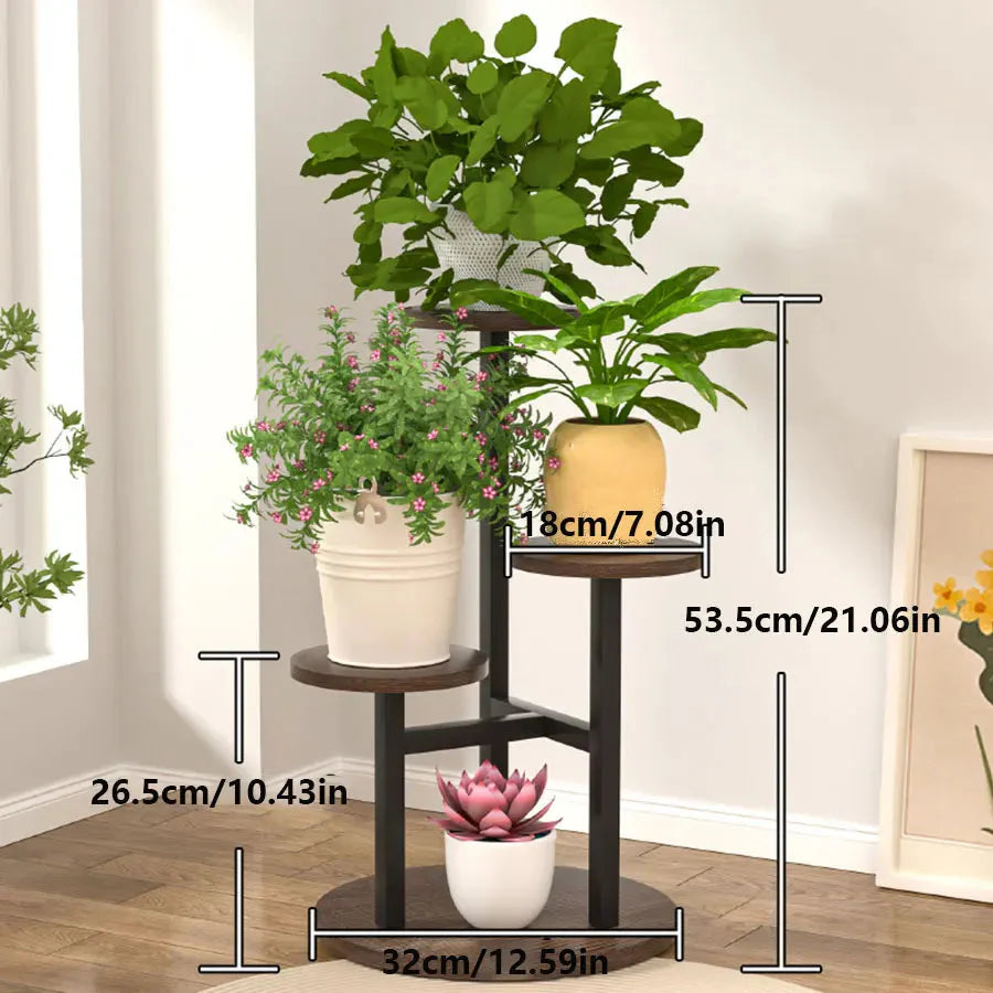 Round Wooden Shelves on Metal Frame – 4-Tier Plant Stand, 3 Colors