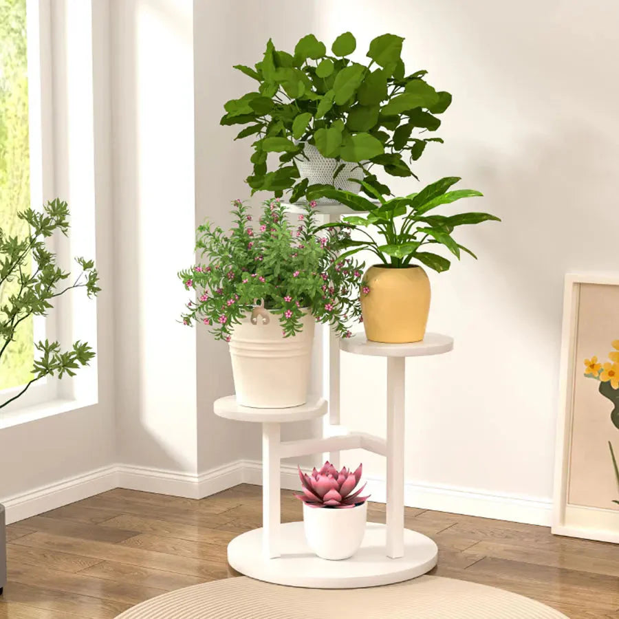 Round Wooden Shelves on Metal Frame – 4-Tier Plant Stand, 3 Colors