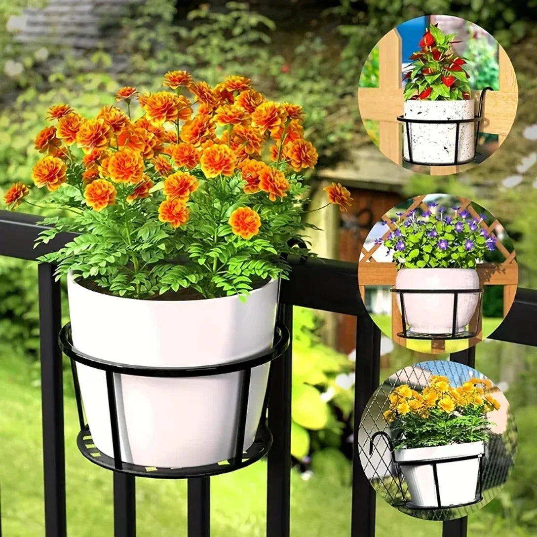 Set of 3 Black Metal Pot Holders with Hooks for Balcony