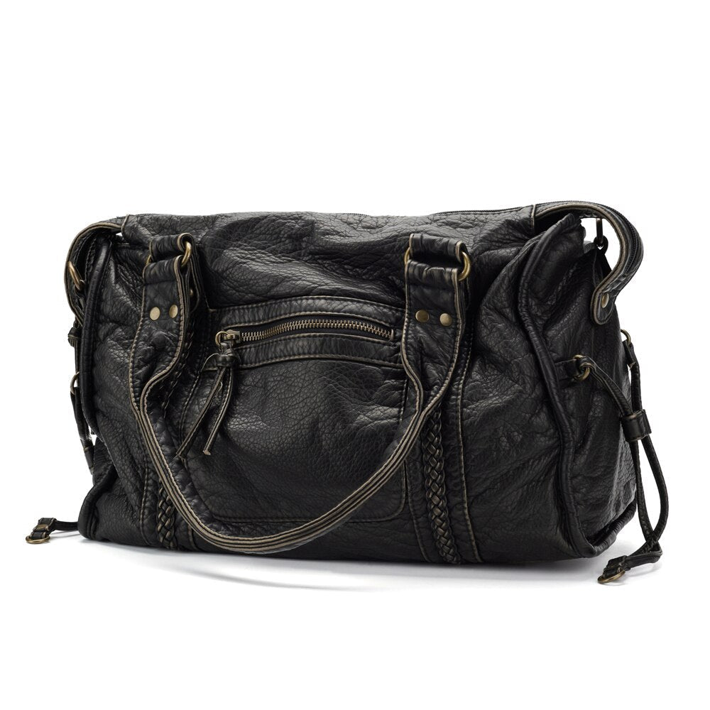 Vintage Washed Black PU Leather Tote Bag with Gold Accents