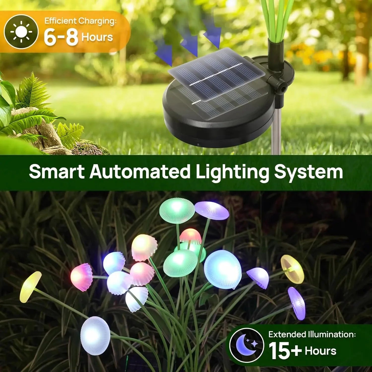 Set of 2 Solar Mushroom Lights – 6 Adjustable Heads, RGB or Warm White