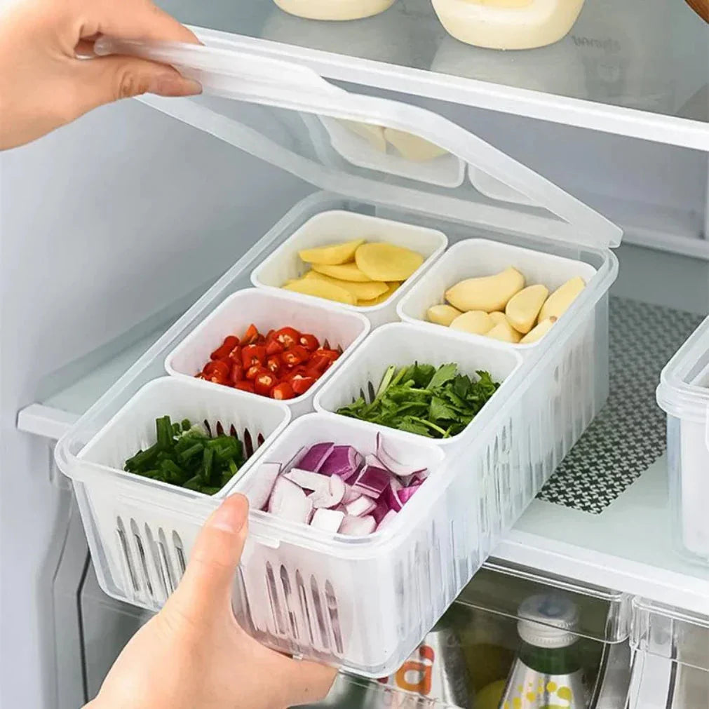 6-Compartment Refrigerator Storage Bin with Lid and Drain Insert