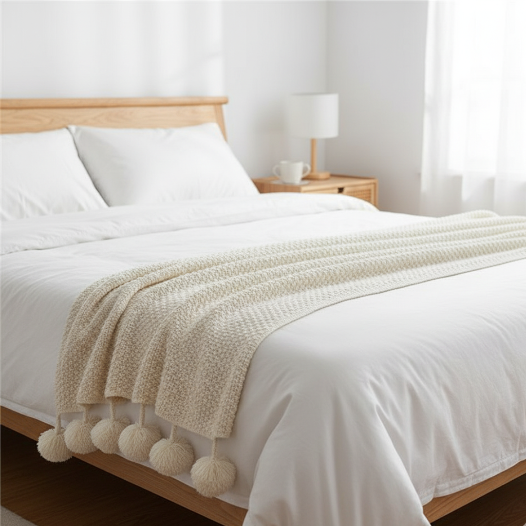 Waffle Knit Throw Blanket in Scandinavian Style with Fun Pom Pom Tassels