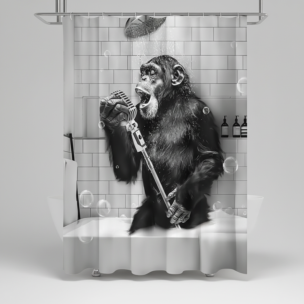 Water-Repellent Polyester Shower Curtain – Black and White Monkey Print
