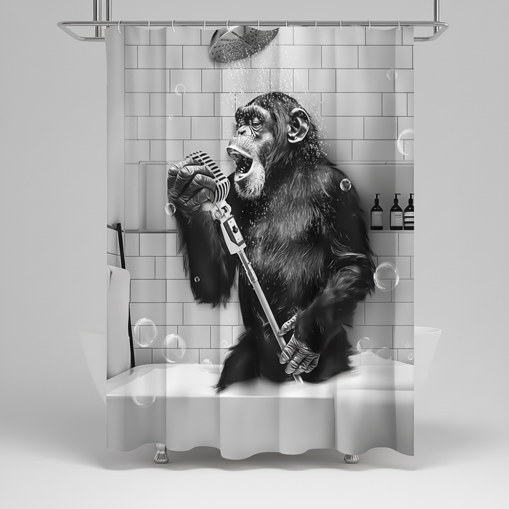 Water-Repellent Polyester Shower Curtain – Black and White Monkey Print