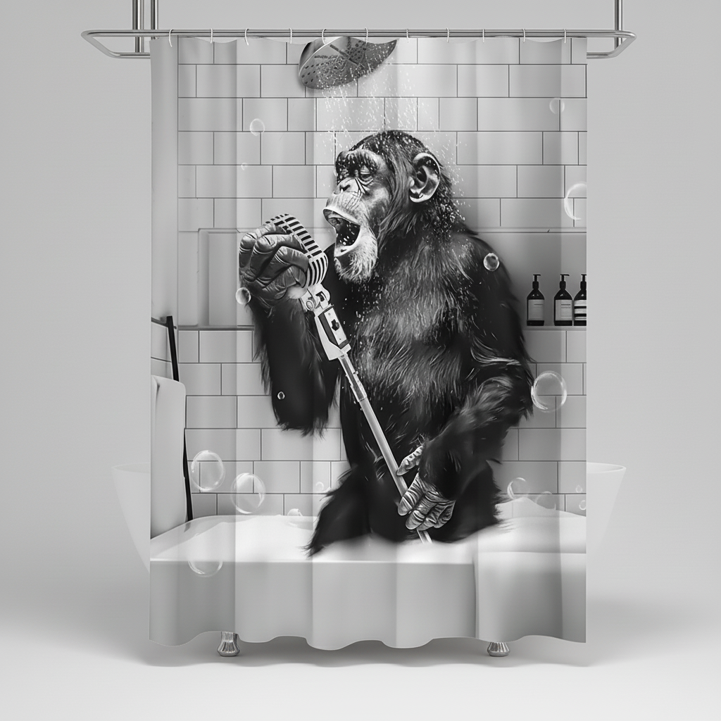 Water-Repellent Polyester Shower Curtain – Black and White Monkey Print
