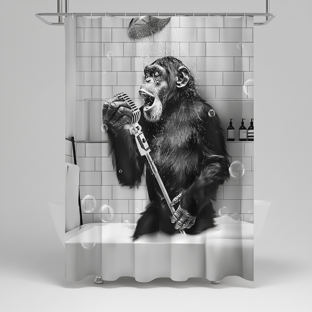Water-Repellent Polyester Shower Curtain – Black and White Monkey Print