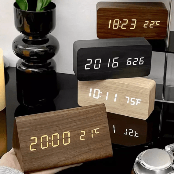 Natural Wood LED Clock with Voice Activation for Modern Homes