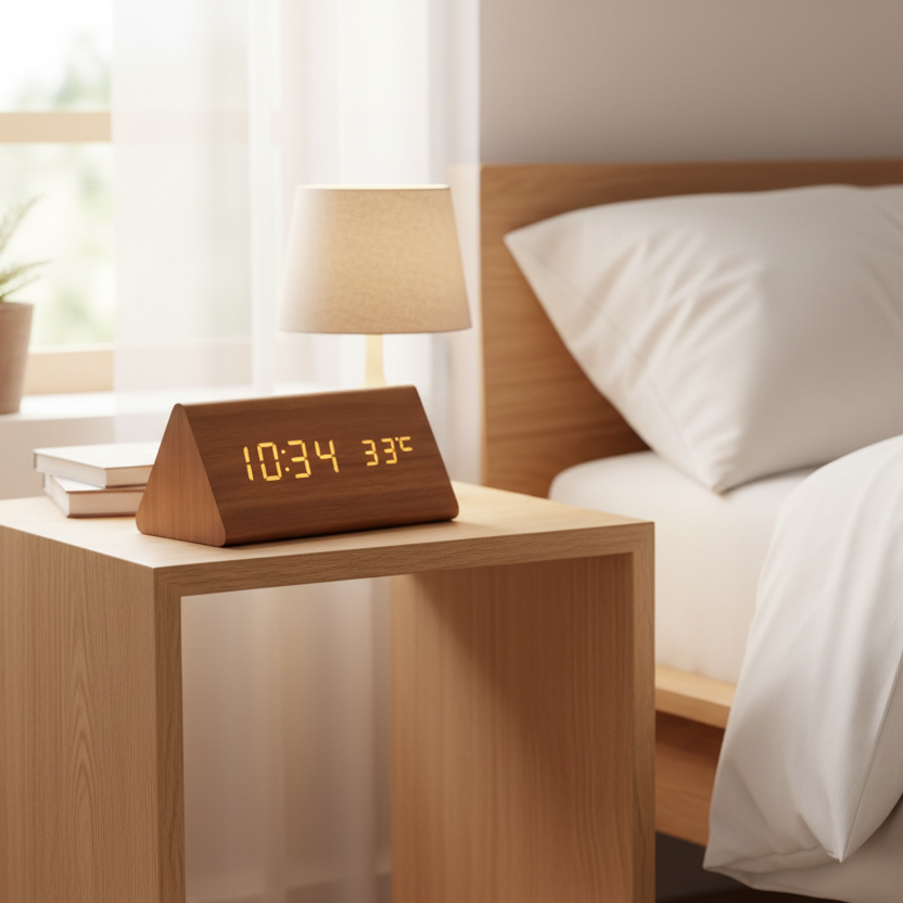 Natural Wood LED Clock with Voice Activation for Modern Homes