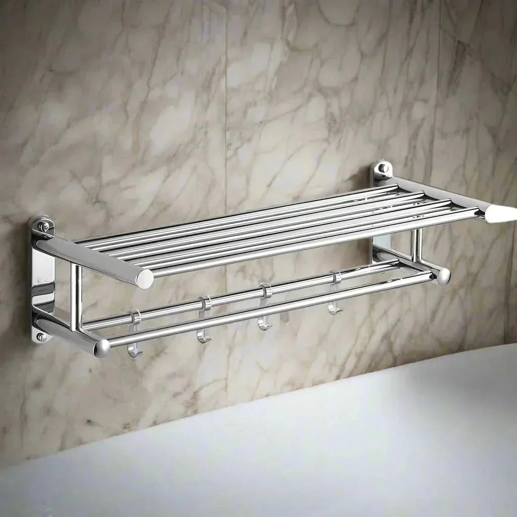 Wall-Mounted Towel Rack with Shelf in Stainless Steel