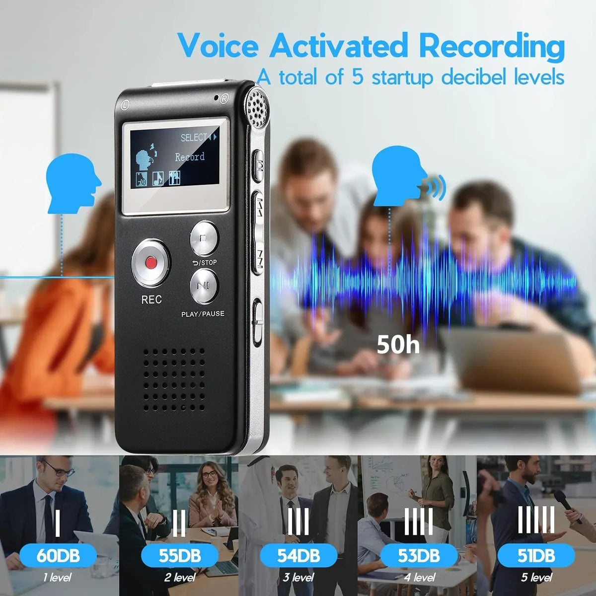 Voice-Activated Digital Recorder with Built-In Speaker and Headphone Port