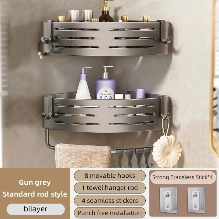 Drill-Free Wall-Mounted 2-Piece Shower Shelf Set with Hooks
