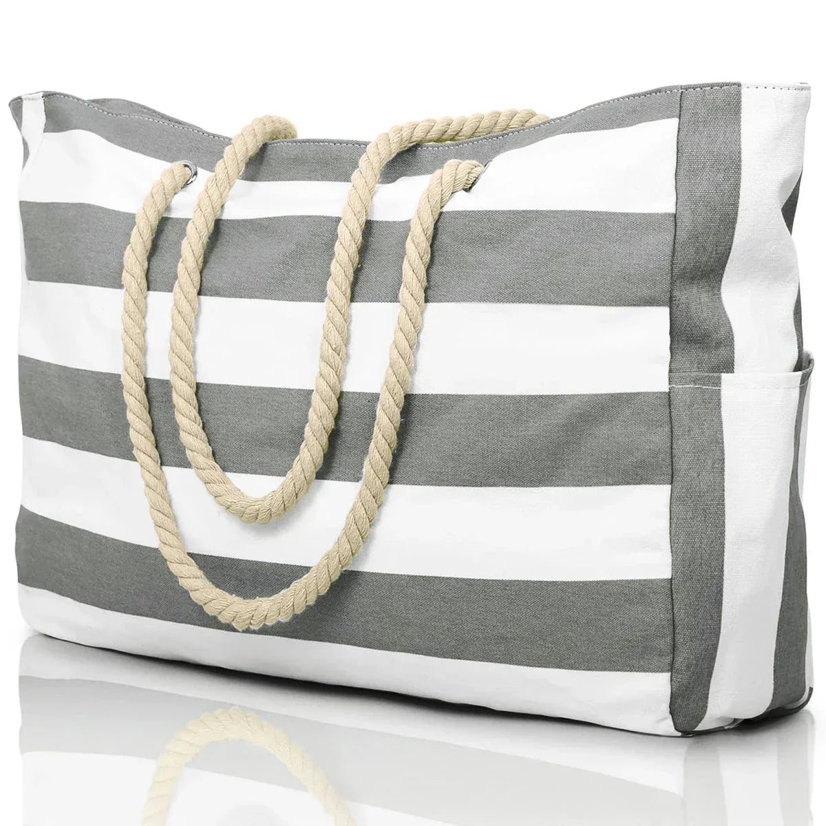 Zippered Canvas Tote Bag with Stripes for Beach Use
