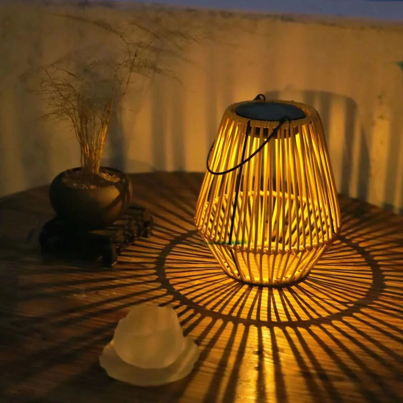 LED Solar Lantern with Rattan Design - Automatic Dusk Sensor