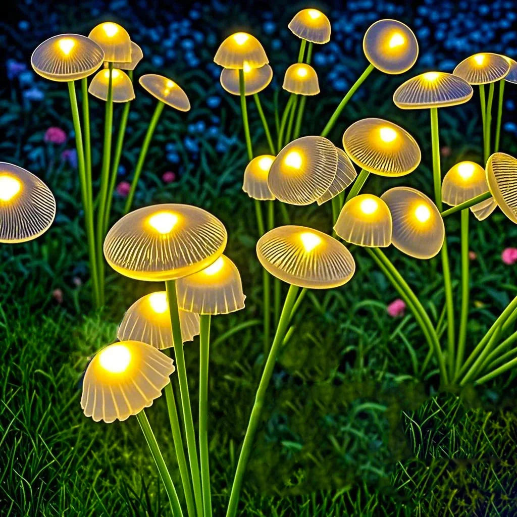 Set of 2 Solar Mushroom Lights – 6 Adjustable Heads, RGB or Warm White
