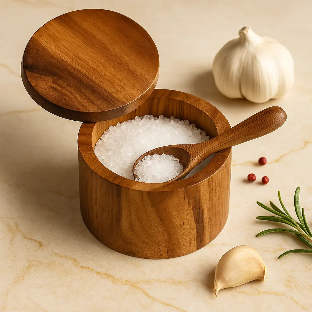Elegant Wooden Spice Keeper with Spoon - 9cm Diameter