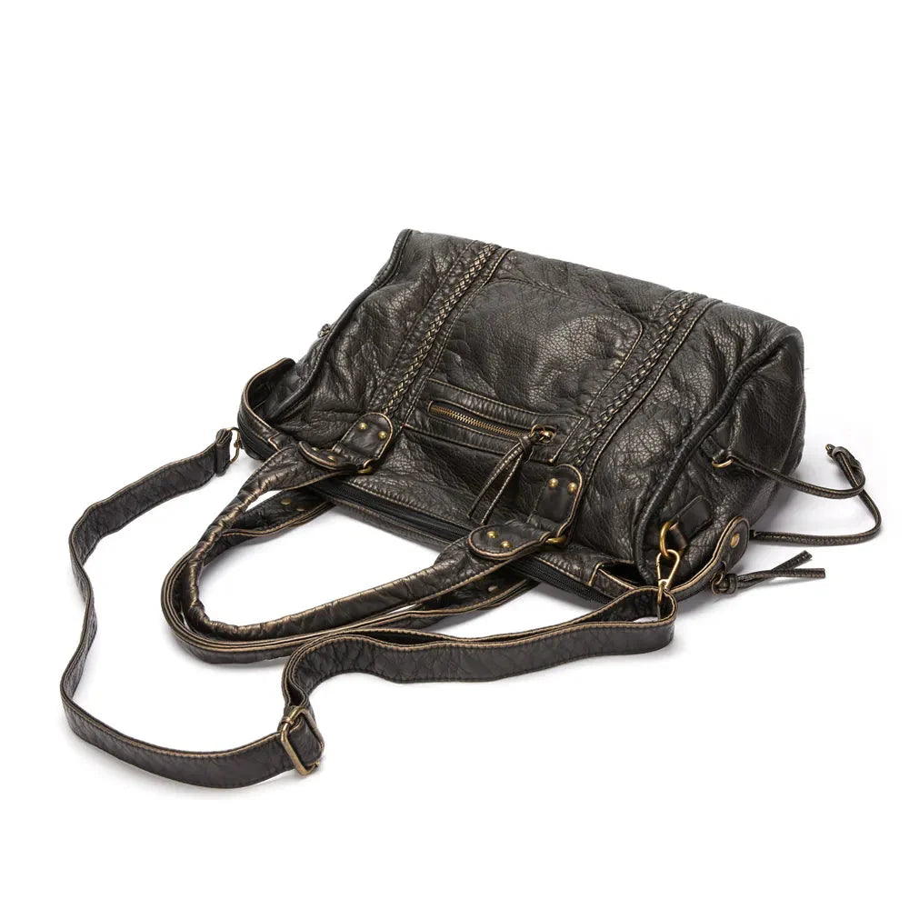 Vintage Washed Black PU Leather Tote Bag with Gold Accents