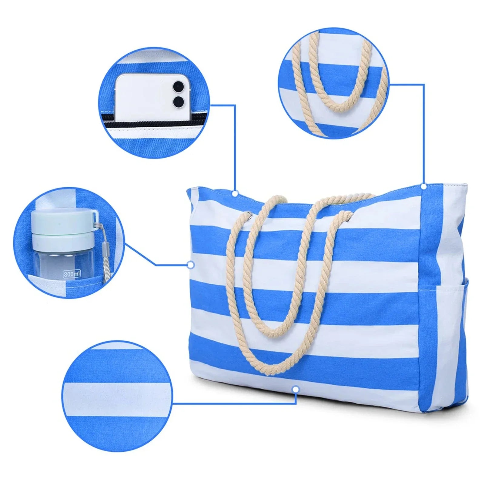 Zippered Canvas Tote Bag with Stripes for Beach Use