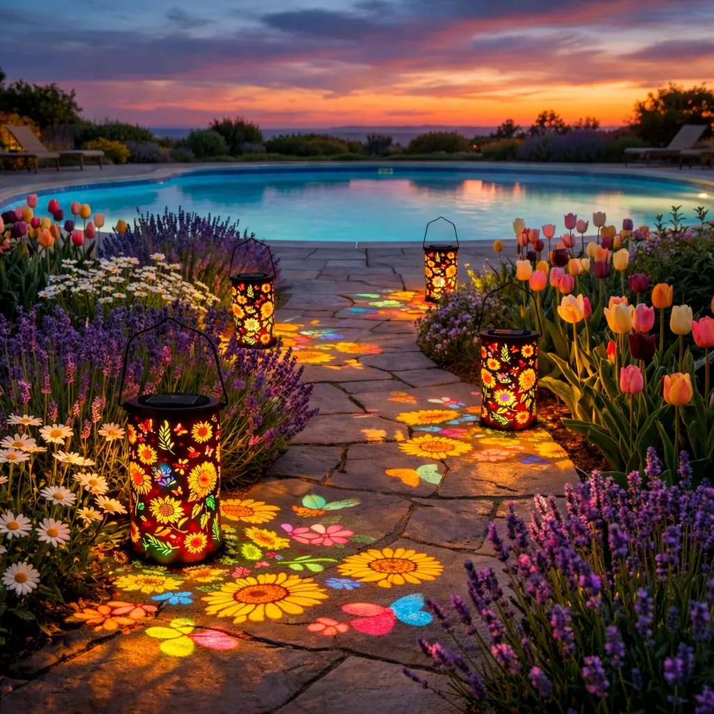 Solar Garden Lantern with Floral Pattern and Light Projection