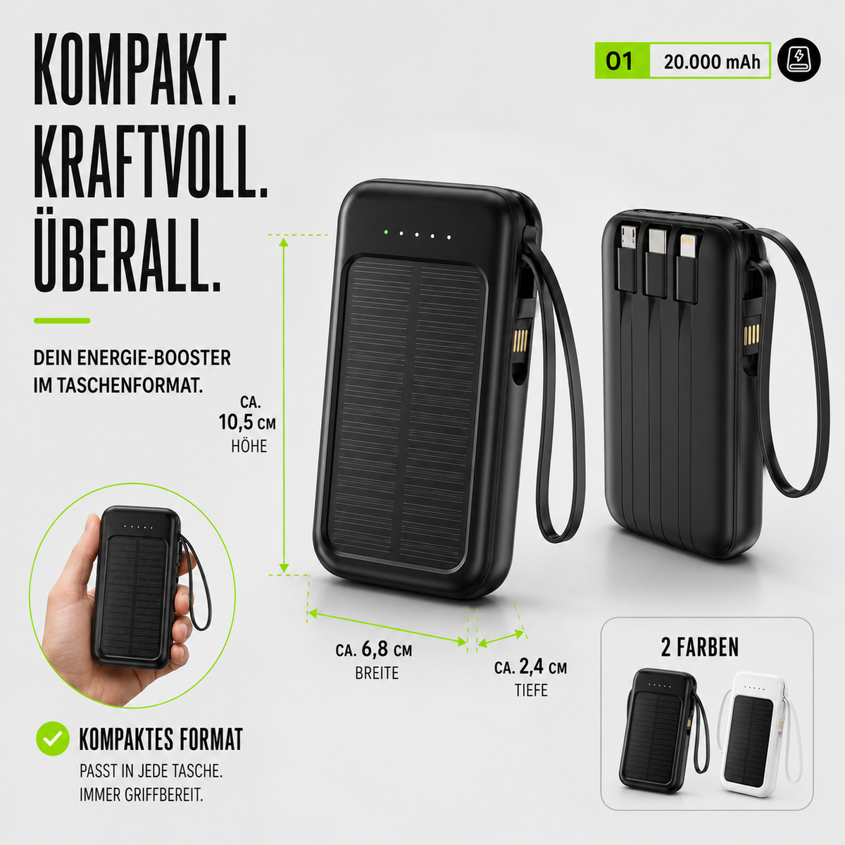 20000mAh Solar Power Bank with LED Light and Integrated Cables - Portable Battery for Smartphones and Tablets with Dual USB and Type-C Ports