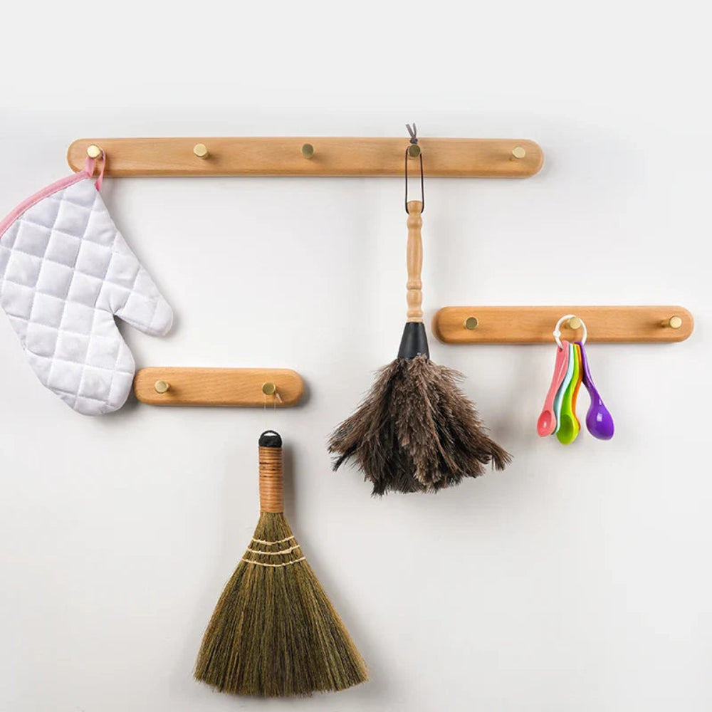 Chic Natural Wood Wall Hooks with Elegant Brass Details
