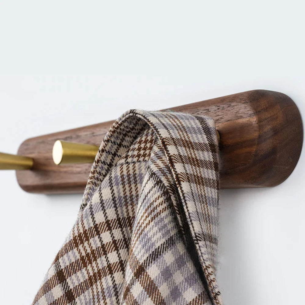 Chic Natural Wood Wall Hooks with Elegant Brass Details