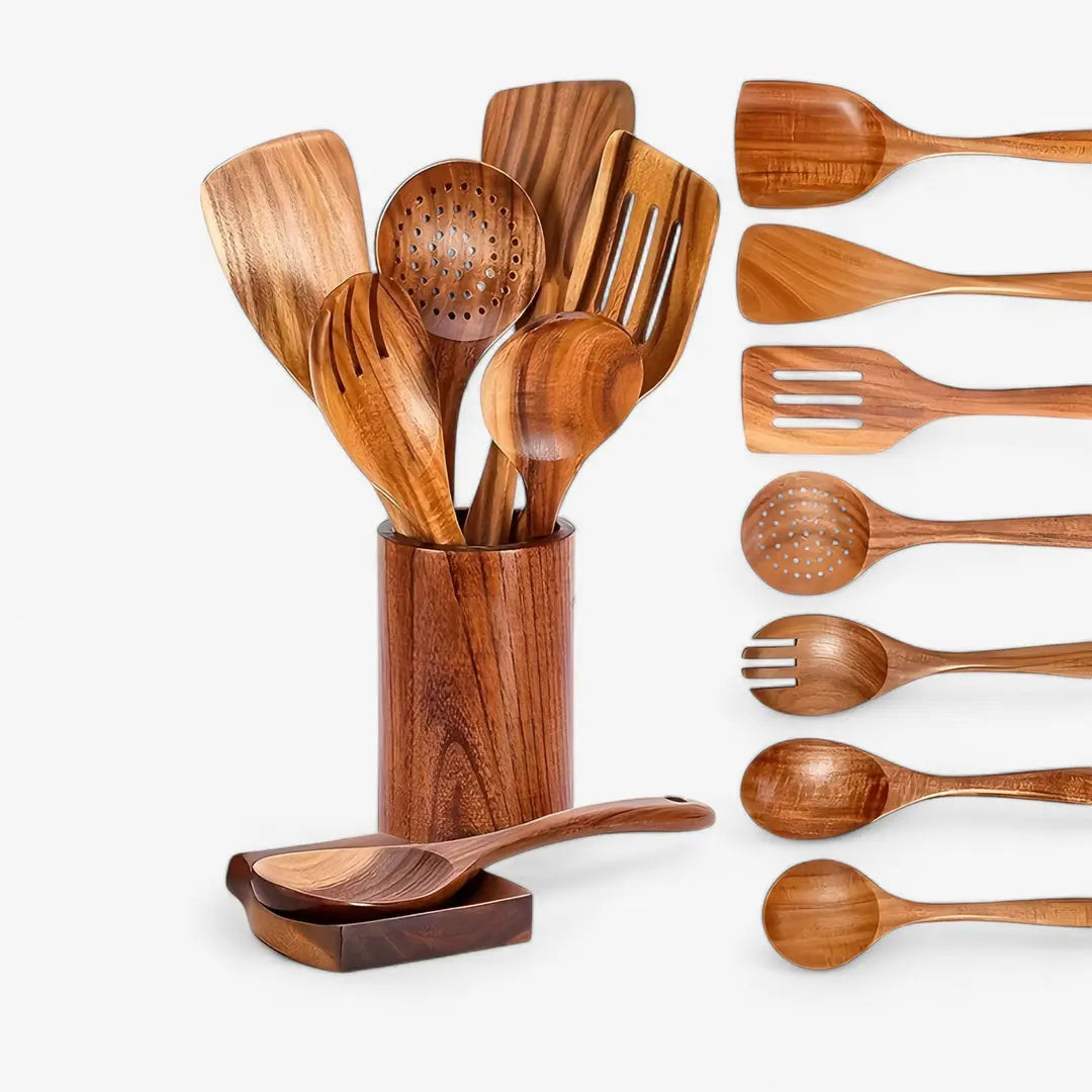9-Piece Kitchen Utensil Set in Teak Wood with Holder and Spoon Rest
