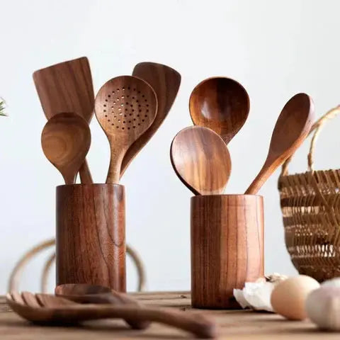 9-Piece Kitchen Utensil Set in Teak Wood with Holder and Spoon Rest