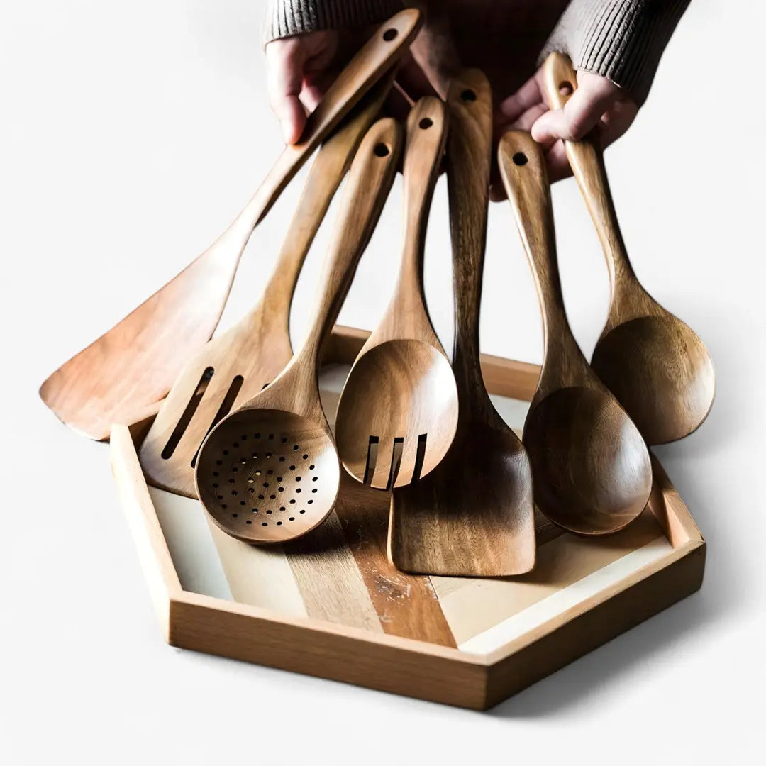 9-Piece Kitchen Utensil Set in Teak Wood with Holder and Spoon Rest
