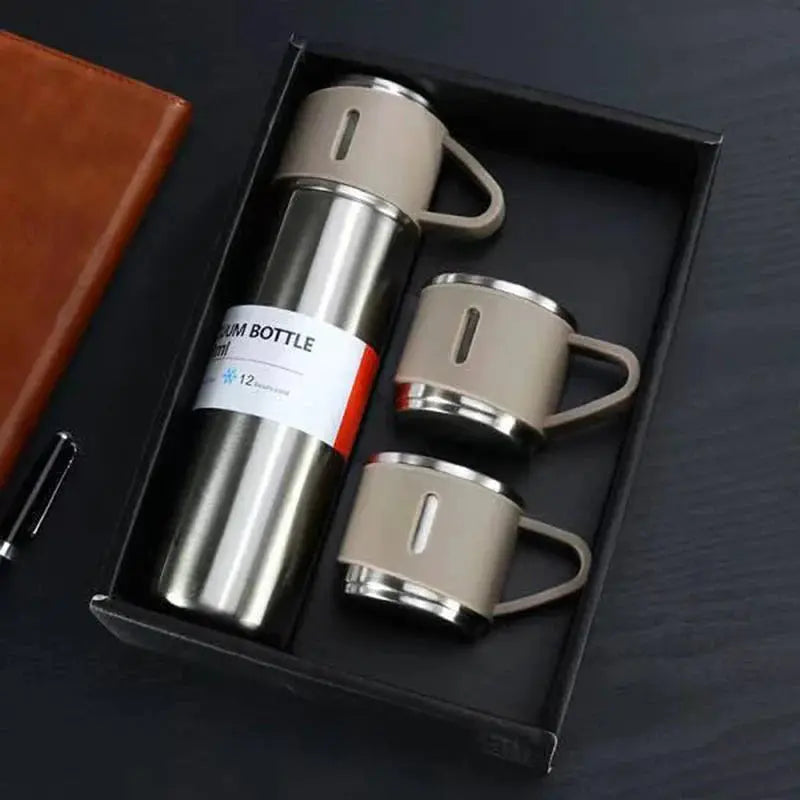 500 ml Stainless Steel Vacuum Flask with 3 Mugs, Gift Packaging