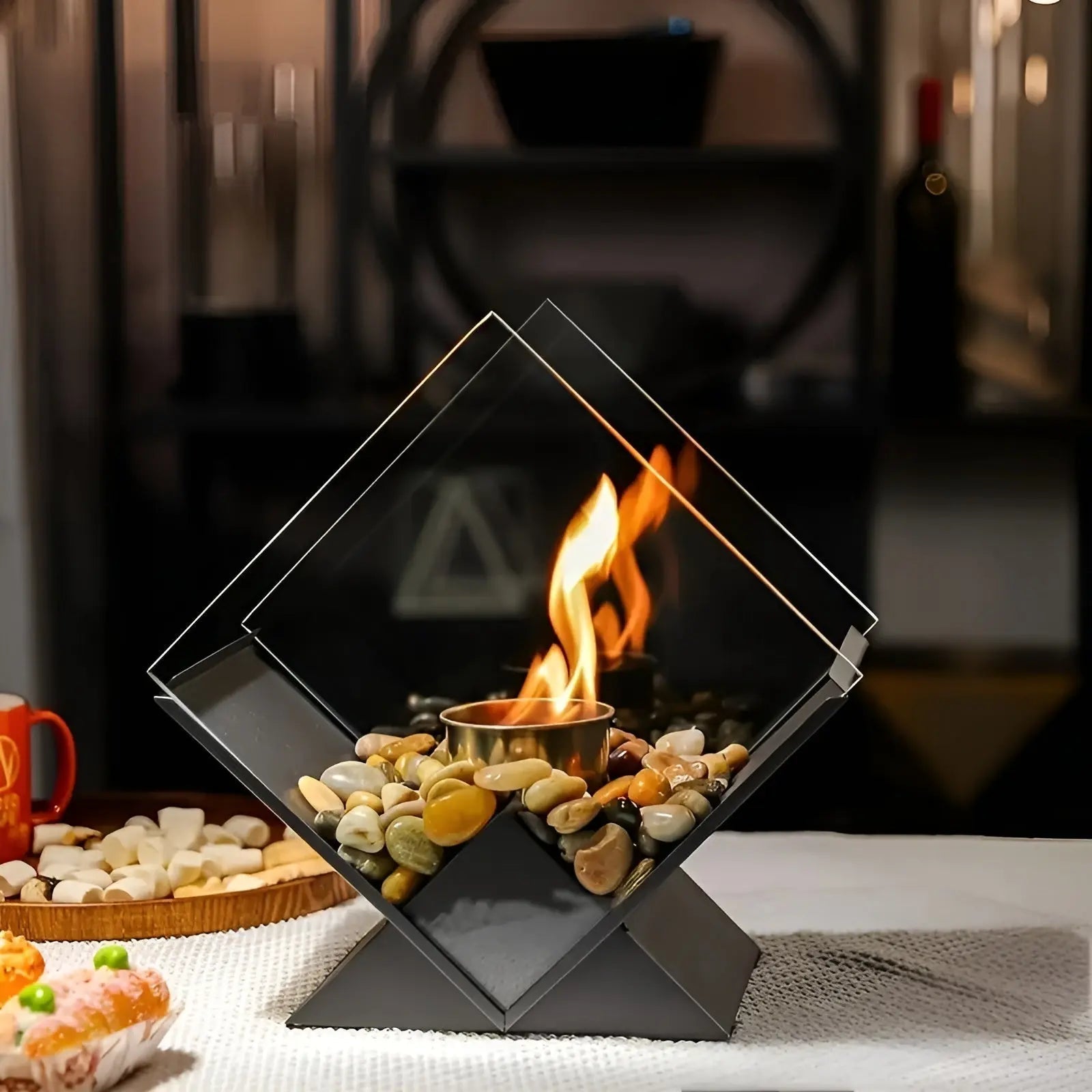Tabletop Fireplace with Bioethanol – Real Flame and Stone Accent