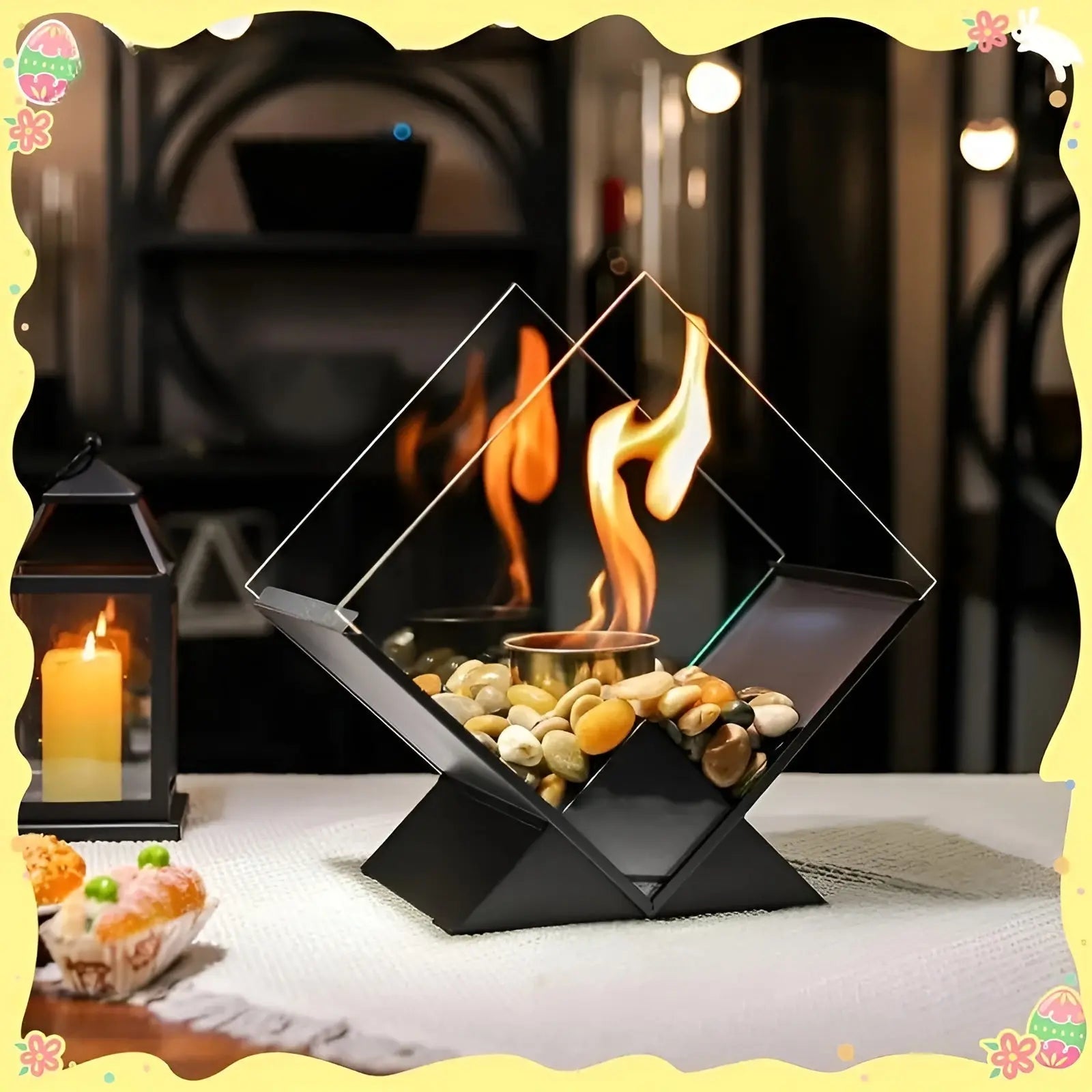 Tabletop Fireplace with Bioethanol – Real Flame and Stone Accent