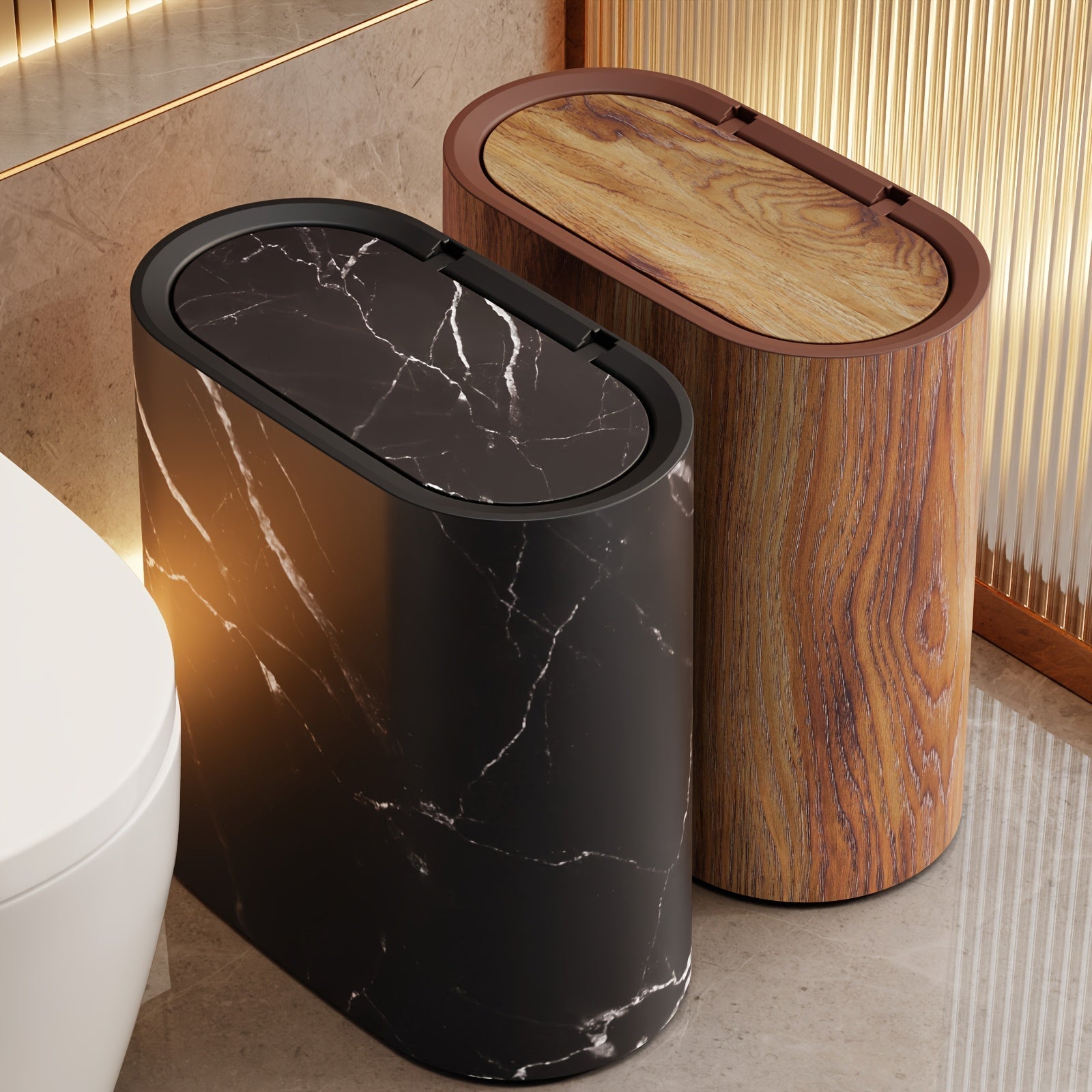 Sleek Oval Waste Bin with Marble Finish – Space-Saving Design