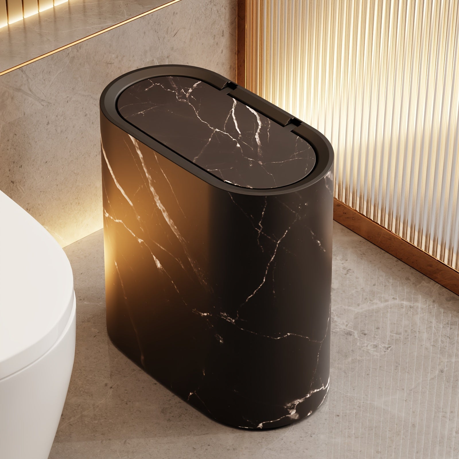 Sleek Oval Waste Bin with Marble Finish – Space-Saving Design