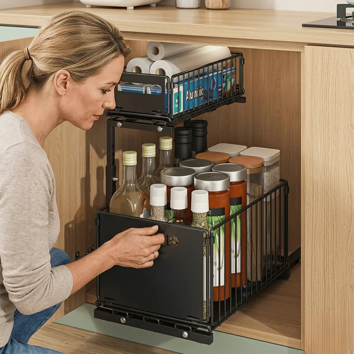 Two-Tier Cabinet Organizer with Extendable Carbon Steel Design