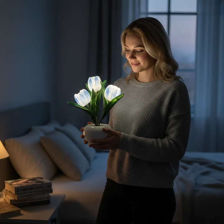 LED Table Lamp with Realistic Flower Design and Ceramic Base